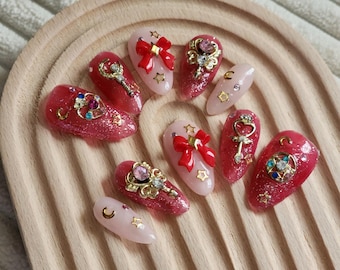 Moon Princess | Reusable Gel Press On Nails | Kawaii | Bow Nails