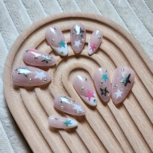 French Tip Chrome Stars | Reusable Gel Press On Nails | Star Nails | French Tip Nails | Chrome Nails