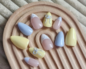 Blue & Yellow Bow Press On Nails: Coquette Spring Style