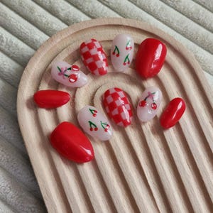 Checkered Cherry | Reusable Gel Press on Nails