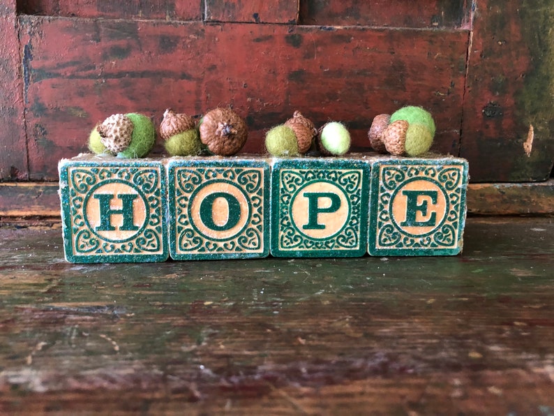 HOPE sign inspirational decoration vintage block art felted acorns.