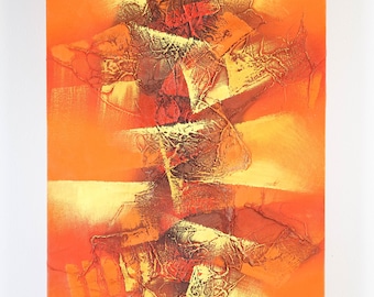 Vintage Red and Orange Abstract Painting, Signed Salvador