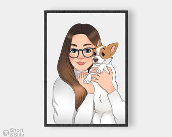 Custom Family Portrait With Pet, Dog Portrait illustration, Cartoon Pet Portrait, Pet Portrait From Photo, Last Minute Gift | FAST SHIPPING