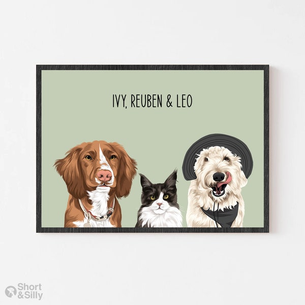 Multiple pet Portrait | Custom 3 Pet Portrait | Pet Portrait from Photo | Custom Dog Art | Custom Cat Art | Personalized Pet Illustration