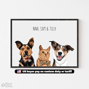 Multiple pet Portrait | Custom 3 Pet Portrait | Pet Portrait from Photo | Custom Dog Art | Custom Cat Art | Personalized Pet Illustration
