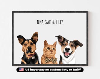 Multiple pet Portrait | Custom 3 Pet Portrait | Pet Portrait from Photo | Custom Dog Art | Custom Cat Art | Personalized Pet Illustration