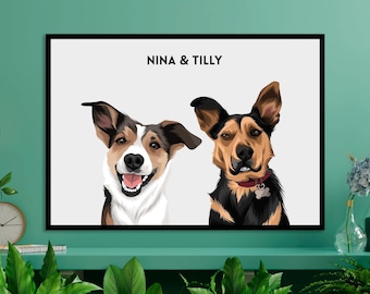 Two Dog Portrait | Two Dogs Personalised Portrait | Custom Two Pet Portrait Print | Pet Memorial