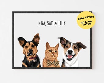 Multiple pet Portrait | Custom 3 Pet Portrait | Pet Portrait from Photo | Dog Memorial Gift | Pet Loss Gift | Cat Memorial Gift | SHIPS FAST