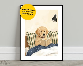 Custom Dog Reading in Bed Portrait, Personalized Pet Portrait From Photo, Cat in Bed Portrait, FAST PROCESSING
