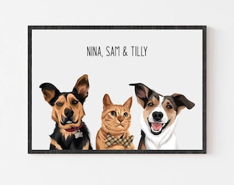 Custom Multiple Pet Portrait From Photo – 1 to 5 Pet Portrait, Personalized Dog & Cat Illustration