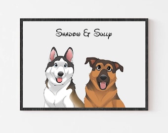 Cartoon Pet Portrait | Multiple Pet Portrait | Custom Two Pet Portrait Print | Personalised Gift | Dog Portrait | Pet Memorial
