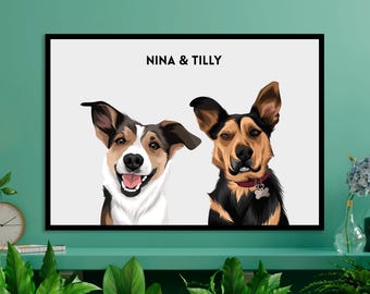 Two Dog Portrait | Two Dogs Personalised Portrait | Custom Two Pet Portrait Print | Pet Memorial