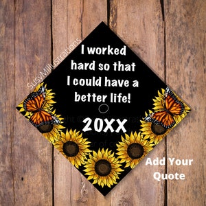 Sonnenblumen und Monarchfalter Graduation Cap Topper für Bachelor-Abschluss, Spanisch Grad Cap Design, individuelles Zitat Grad Cap Topper Master