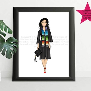 Impresión de arte de graduación hispana (regalo de ilustración de moda latina, graduado universitario, graduado de escuela secundaria, licenciatura, primera generación)