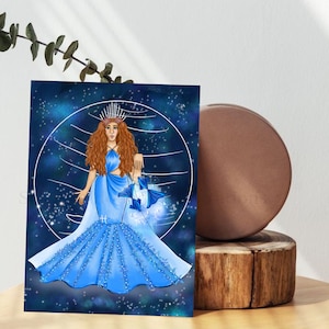 Pisces Goddess Fashion Illustration, Pisces Woman Art Print, Blue Pisces Girl Poster,Pisces Ruling Planet Neptune,Pisces Watercolor Painting
