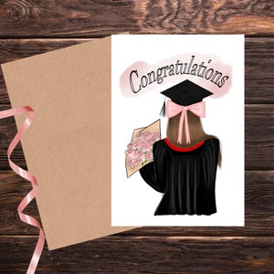 Kokette Glückwünsche grad druckbare Grußkarte, graduierter mit rosa Schleife, Congrats grad, grad halten rosa Blumen, College-Abschluss