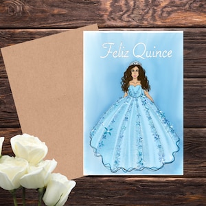 Blauwe wenskaart quinceañera-jurk afdrukbaar, Feliz kweepeer, Spaanse kaart, Sweet 15, kaart voor 15 jaar oud, 15e verjaardag, meisje met tiara