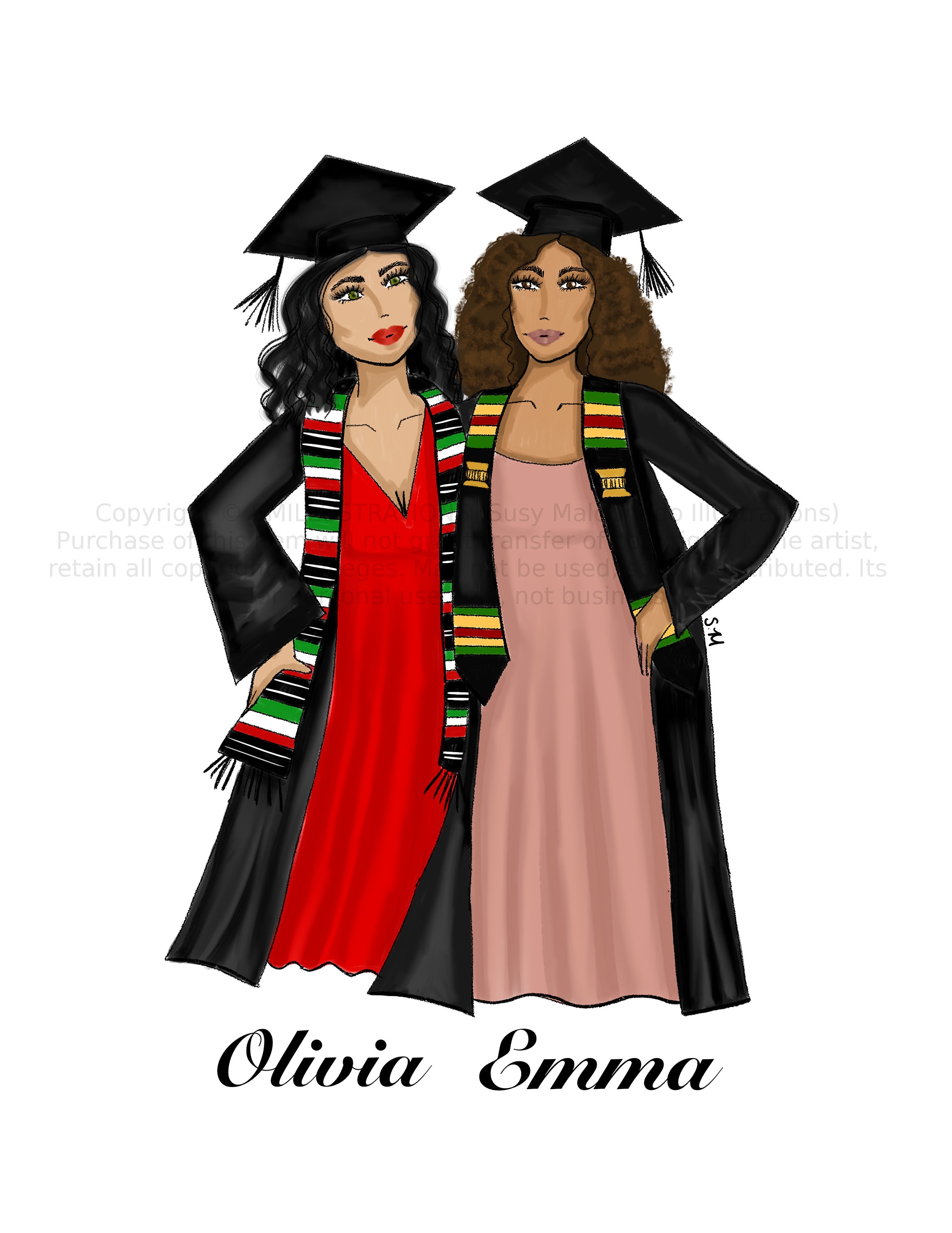 Graduation Art Print - Two Best Friends Grad Fashion Illustration ...