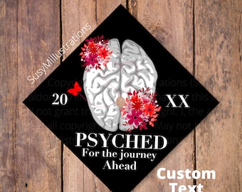 Graduation Cap Topper Psychologie, Psyched Graduation Cap Topper, Psychologie Hersenen, Aangepaste Rode Bloemen Grad Cap, Printed Graduation Hat