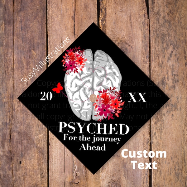 Boné de graduação topper psicologia, topper de boné de graduação empolgado, cérebro de psicologia, boné de graduação de flores vermelhas personalizado, chapéu de formatura impresso