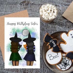Tarjeta de cumpleaños de Halloween en blanco, feliz cumpleaños hermana, brujas con gatos tarjeta de cumpleaños imprimible, para cumpleaños de octubre, tarjetas para mejor amigo