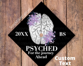 Graduation Cap Topper Psychologie, Psyched Graduation Cap Topper, Psychologie Hersenen, Aangepaste Paarse Bloemen Grad Cap, Printed Graduation Hat