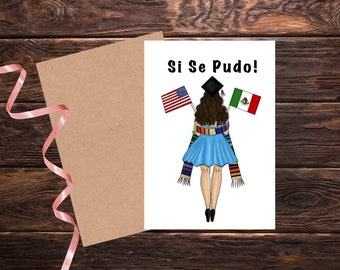 Latina Graduation Greeting Card Printable, Card for Girl Graduate, Grad Student with Serape, Si Se Pudo with Mexican Flag and American Flag