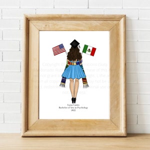 Latina Graduation Art Print, Grad with Mexican and American Flag, Custom Graduate Fashion Illustration, 2024 Graduation Gift for Seniors