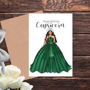 Happy Birthday Steenbok kaart, Zodiac verjaardagskaart afdrukbaar, blanco binnen kaart, astrologie kaart, Steenbok Fashion illustratie, aarde teken