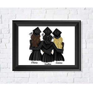 Regalo de impresión de arte de graduación - Ilustración de moda de tres mejores amigos imprimible - Graduados universitarios -Clase de 2024 - Diploma de licenciatura