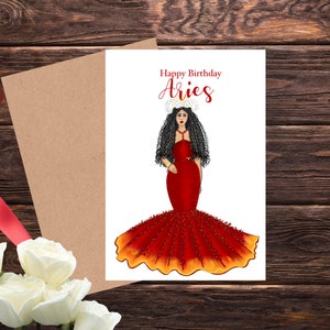 Cartão de feliz aniversário de Áries, cartão de aniversário do zodíaco para impressão, cartão interno em branco, cartão de astrologia, ilustração de moda de Áries, energia do signo de fogo