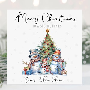 パーソナライズされた家族のクリスマスカード、家族のクリスマスカード、雪だるま、雪だるまの家族、特別な家族カード、パーソナライズされたクリスマスカード、家族
