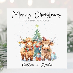 Kerstkaart voor stel, gepersonaliseerde kaart, Schotse hooglander, koeien, kerstkoeien, kerstkaart stel, speciale paarkaart, kerstkaart