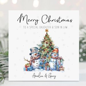 Tarjeta de Navidad personalizada para nuera y yerno, tarjeta de Navidad para yerno y nuera, pareja, prometido, prometida, muñeco de nieve navideño