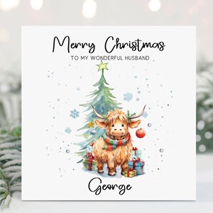 夫、ボーイフレンド、婚約者へのクリスマス カード、パーソナライズされたカード、ハイランド牛、牛、クリスマスの牛、パーソナライズされた夫のクリスマス カード、息子