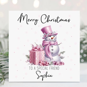 Carte de Noël personnalisée à un ami spécial, carte meilleur ami, carte de Noël bestie, carte de Noël, Noël rose, bonhomme de neige rose