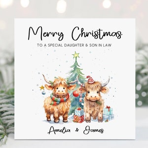 Biglietto di Natale personalizzato per figlia e genero, biglietto di Natale per figlio e nuora, partner, fidanzato, fidanzata, mucca delle Highlands, mucche