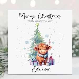 Carte de Noël pour femme, petite amie, fiancée, carte personnalisée, vache Highland, vache, vache de Noël, carte de Noël personnalisée pour femme, fille