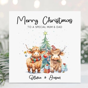 Kerstkaart mama en papa, gepersonaliseerde kaart voor mama en papa, hooglandkoe, koeien, kerstkoeien, kerstkaart voor ouders, stiefmoeder