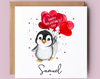 Valentine's Day Card, Personalised Valentine's Day Card, Penguin, Penguin Card, Heart Balloons, Valentine Card, Valentine's Day, Valentine