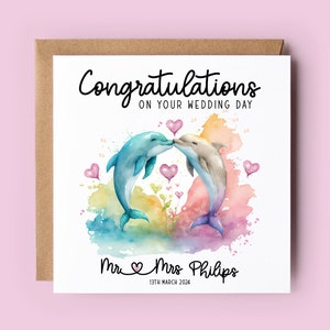 Carte de mariage, carte de mariage personnalisée, dauphins, carte de félicitations, juste mariés, M. et Mme, jour du mariage, jeunes mariés
