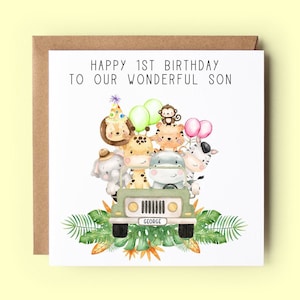 Erste Geburtstagskarte, personalisierte Sohn Geburtstagskarte, 1. Geburtstag, 2. Geburtstag, Safaritiere, Dschungeltiere, LKW, Sohn, Enkel, Neffe