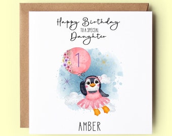 Personalized Penguin Birthday Card: Daughter, Granddaughter, Niece