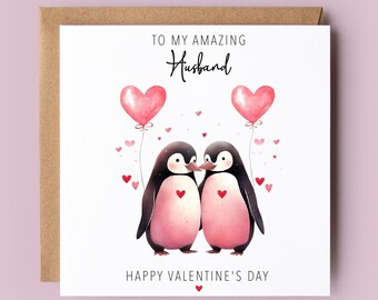 Valentine's Day Card for Husband, Fiancé, Boyfriend, Partner, For Him, Penguin Card, Penguins, Hearts, Valentine Card, Valentine's Day