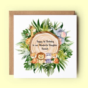 Carte d'anniversaire personnalisée, carte de 1er anniversaire, carte d'anniversaire, carte de joyeux anniversaire, animaux de la jungle safari, fille, petite-fille, nièce