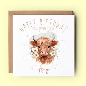 Carte d'anniversaire ami, carte d'anniversaire personnalisée, vache Highland, carte meilleur ami, carte pour ami, anniversaire d'un ami, meilleure amie, joyeux anniversaire
