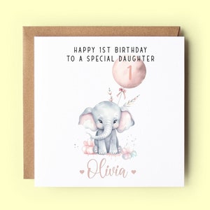 Carte d'anniversaire personnalisée, carte d'anniversaire fille, carte de 1er anniversaire, carte de joyeux anniversaire, éléphant, fille, petite-fille, nièce
