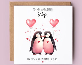 Valentine's Day Card for Wife, Fiancée, Girlfriend, Partner, For Her, Penguin Card, Penguins, Hearts, Valentine Card, Valentine's Day