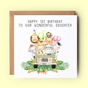 Cartão de primeiro aniversário personalizado, filha, cartão de aniversário, 1º aniversário, 2º aniversário, animais de safári, selva, filha, neta, sobrinha