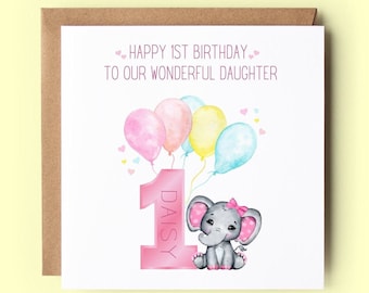 Personalised Birthday Card, Daughter Birthday Card, 1st 2nd 3rd Birthday Card, Happy Birthday Card, Elephant, Daughter, Granddaughter, Niece